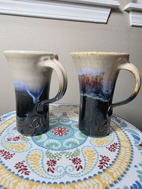Handmade Drip Glaze Pottery Mugs - Blue, Cream, Brown (Set of 2) SOLD OUT online